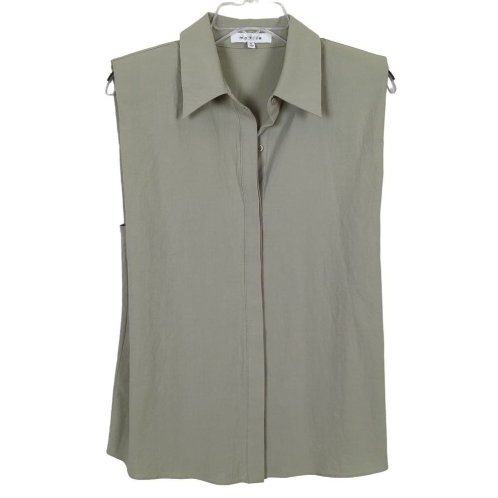 Moodie women short sleeve summer grayish green button up modern top size M